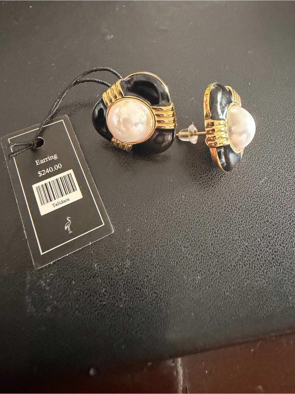 Black Enamel and Pearl Gold-Tone Stud Earrings